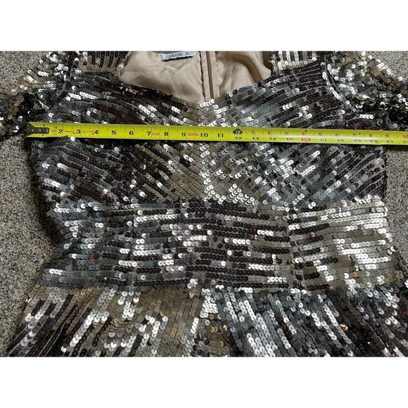 Shail K Sequin Metallic Gray Silver Gold Cocktail Fit & Flare Dress Size 18 - Picture 9 of 10